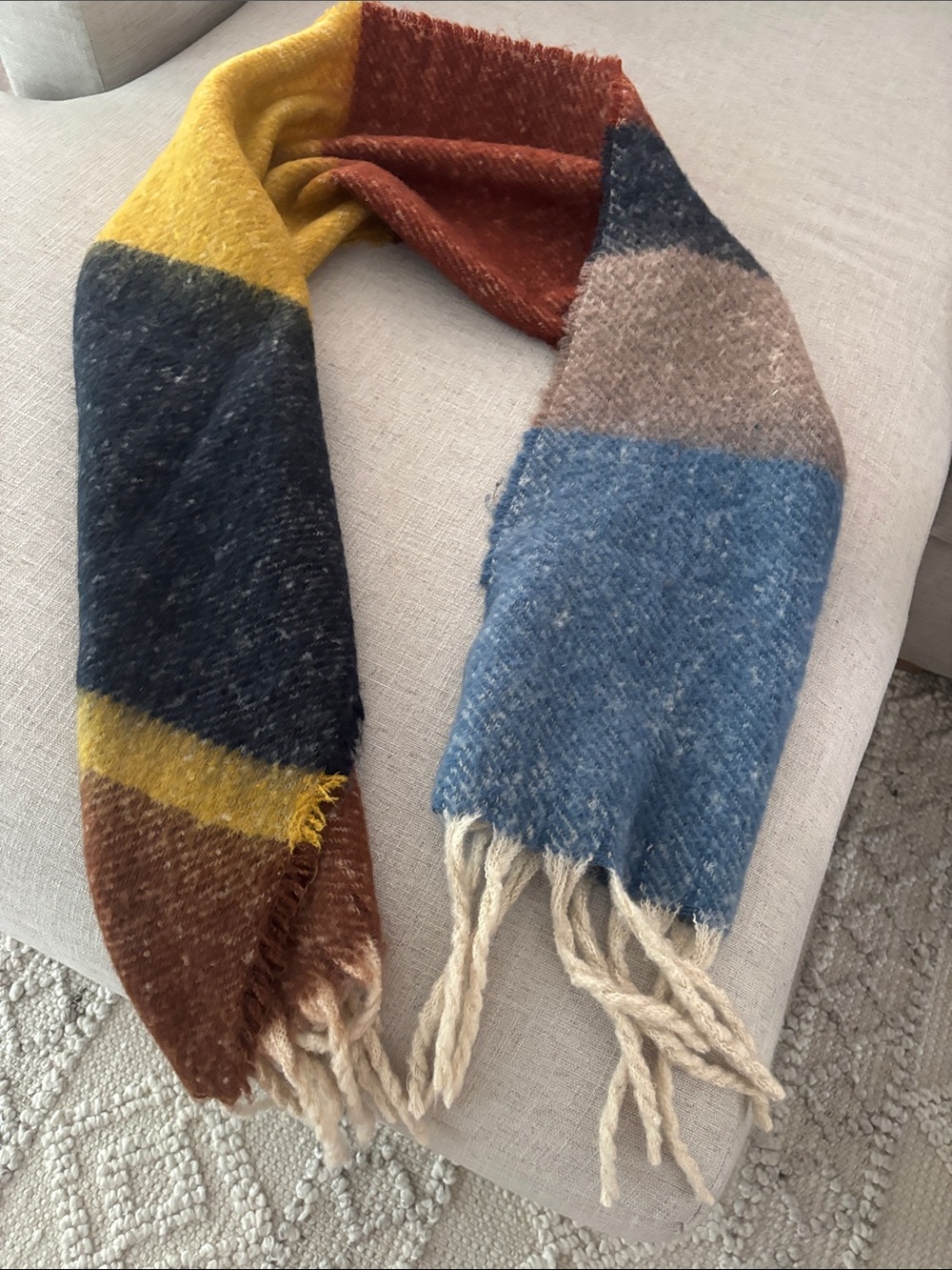 Cozy Multi-Color Fringe Throw Scarf - Blue, Mustard, Rust, Navy